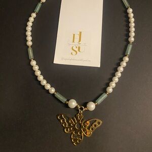 Handmade Authentic Pearls and Authentic Jade Butterfly Pendant Necklace